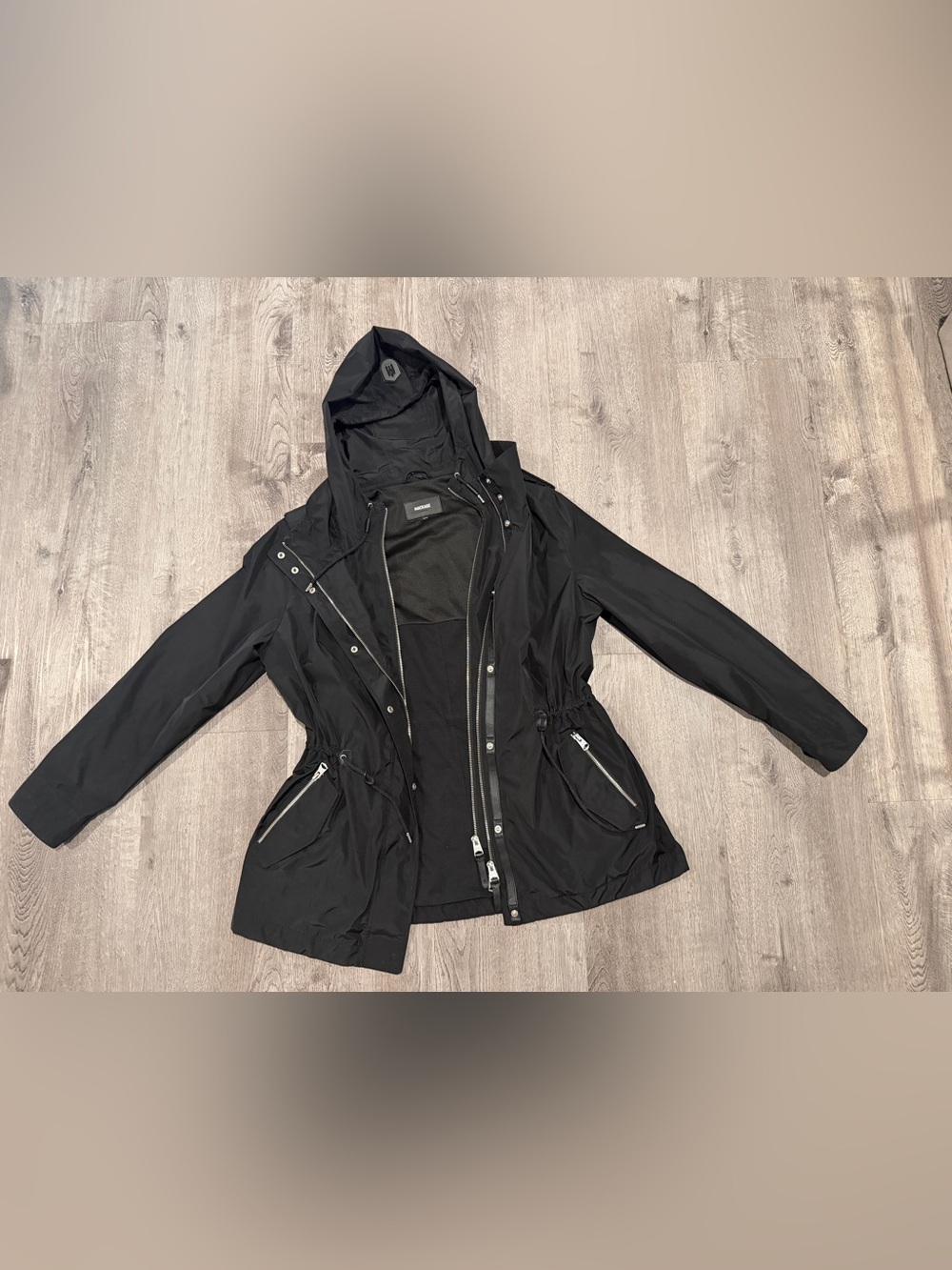 Mackage Black Hooded Rain Utility Jacket with Zippered Pockets XL